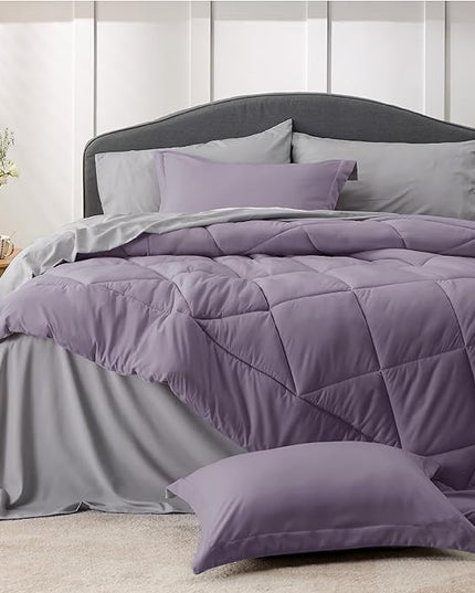 Bedsure Grayish Purple Full Size Comforter Set - 7 Pieces Reversible Full Bed in a Bag, Full Bed Set Grayish Purple and Grey with Comforters, Sheets, Pillowcases & Shams - LeafyLoom