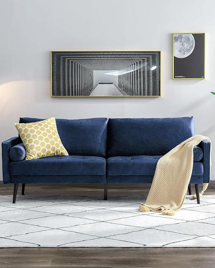 Vonanda Velvet Sofa Couch, Mid Century Modern 73 inch 3-Seater Sofa Couches with High-Density Sponge Comfy Tufted Soft Cushion and 2 Bolster Pillows for Living Room, Elegant Royal Blue - LeafyLoom