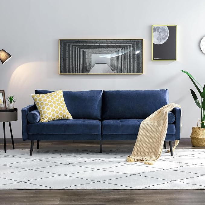 Vonanda Velvet Sofa Couch, Mid Century Modern 73 inch 3-Seater Sofa Couches with High-Density Sponge Comfy Tufted Soft Cushion and 2 Bolster Pillows for Living Room, Elegant Royal Blue - LeafyLoom