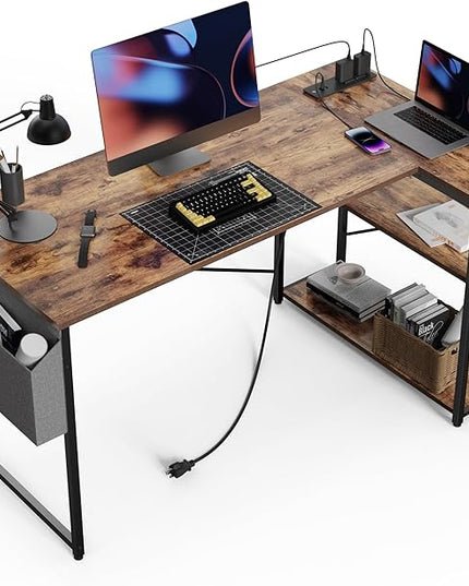 Small Computer Desk with Power Outlets, 40 Inch L Shaped Desk with Reversible Shelves, Gaming Desk Corner Desk Study Writing Desk for Home Office Bedroom Small Space, Rustic Brown - LeafyLoom