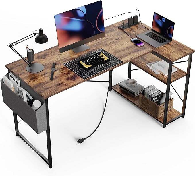 Small Computer Desk with Power Outlets, 40 Inch L Shaped Desk with Reversible Shelves, Gaming Desk Corner Desk Study Writing Desk for Home Office Bedroom Small Space, Rustic Brown - LeafyLoom