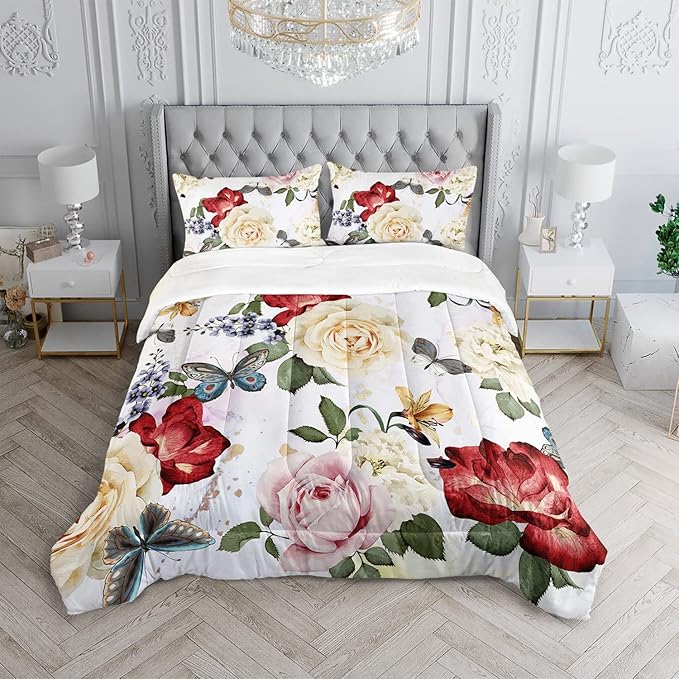 Butterfly Comforter Set for Girls Kids Adults Watercolor Butterfly Rose Bedding Set Aesthetics Butterflies Quilt Duvet Set Full Size with 1 Comforter and 2 Pillowcases - LeafyLoom