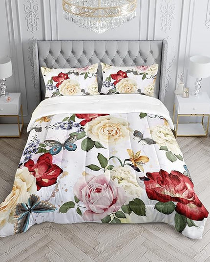 Butterfly Comforter Set for Girls Kids Adults Watercolor Butterfly Rose Bedding Set Aesthetics Butterflies Quilt Duvet Set Queen Size with 1 Comforter and 2 Pillowcases - LeafyLoom