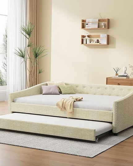 Full Size Daybed with Trundle Upholstered Day Bed frame with Button Tufted Backrest and Nailhead Decorated Armrest for Living Room Bedroom,No Box Spring Needed,Beige - LeafyLoom