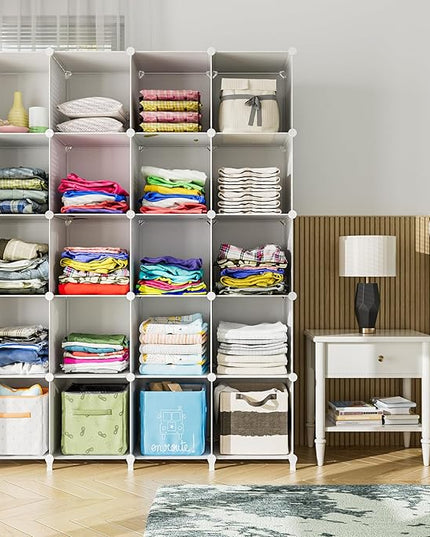 FUNLAX Cube Storage Shelf, 16 Storage Cubes Closet Organizers and Storage Portable Cube Storage Organizer Plastic Bookshelf Bookcase for Study Room, Bedroom, Office, White - LeafyLoom