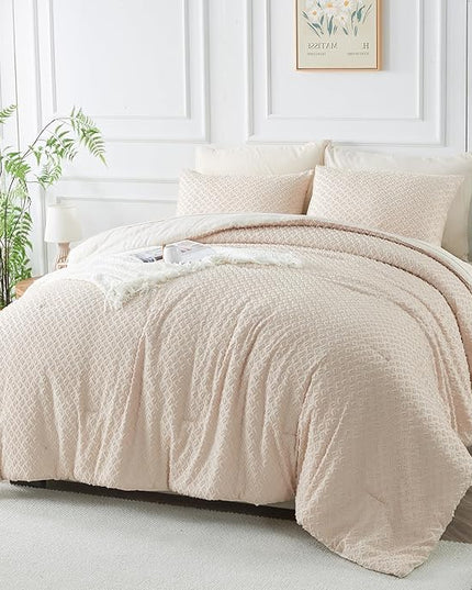 Twin Size Tufted Kids Comforter Set 6 Piece Beige Jacquard Tufts Embroidery Bedding Set for Boys Girls Bed in A Bag Quilt with 1 Comforter, 1 Flat Sheet, 1 Fitted Sheet, 1 Pillowcase and 2 Pillow Sham - LeafyLoom