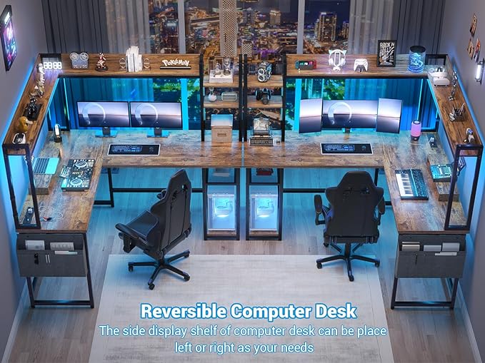 Aheaplus L Shaped Desk with Power Outlet, L Shaped Gaming Desk with Led Light & Hutch, Reversible Home Office Desk, Corner Computer Desk Writing Desk with Monitor Stand & Storage Shelf, Rustic Brown - LeafyLoom