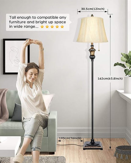 TOBUSA Traditional Floor Lamp, Classic Standing Lamp with Bronze Fabric Shade, Vintage Elegant Tall Pole Lamp for Living Room Bedroom Office Reading, Rustic Upright Floor Lights , Pull Chain Switch - LeafyLoom