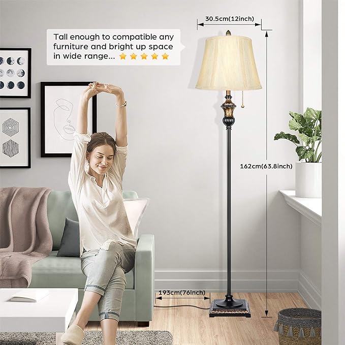 TOBUSA Traditional Floor Lamp, Classic Standing Lamp with Bronze Fabric Shade, Vintage Elegant Tall Pole Lamp for Living Room Bedroom Office Reading, Rustic Upright Floor Lights , Pull Chain Switch - LeafyLoom