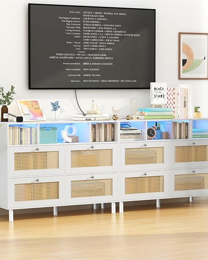 Sideboard Buffet Cabinet, Kitchen Storage Cabinet with Power Outlet & Led Lights, Accent Cabinet with 4 Rattan Doors, White - LeafyLoom