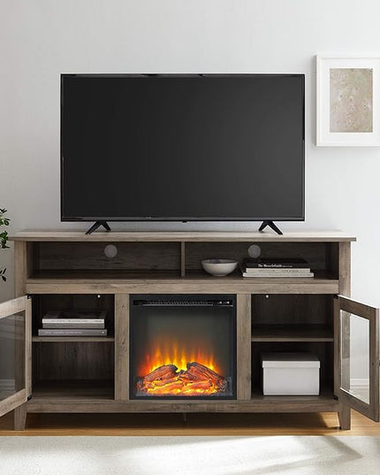 Walker Edison Glenwood Rustic Farmhouse Glass Door Highboy Fireplace TV Stand for TVs up to 65 Inches, 58 Inch, Grey Wash - LeafyLoom