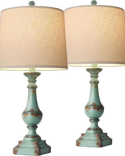 PORTRES 24.5" Rustic Table Lamp Set of 2 for Living Room Farmhouse Bedside Nightstand Lamps for Bedroom Kids Room Study Room Office Rustic Table Lamps Resin Green - LeafyLoom