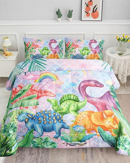 Datura home Kids Dinosaur Comforter Set for Girls Women,Cute Mermaid Scales and Rainbow Cloud Printed Pattern Kawaii Dinosaur Bedding Set with 2 Pillowcases(Dinosaur Rainbow Full) - LeafyLoom