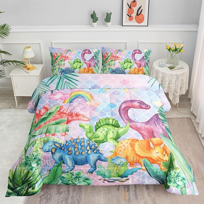 Datura home Kids Dinosaur Comforter Set for Girls Women,Cute Mermaid Scales and Rainbow Cloud Printed Pattern Kawaii Dinosaur Bedding Set with 2 Pillowcases(Dinosaur Rainbow Twin) - LeafyLoom