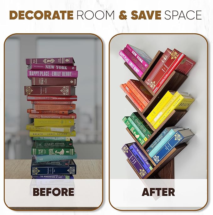 Tree Bookshelf 7-Tier | Wall Bookshelf | Book Organizer | Solid Wood Bookshelf for Kids | Floating Bookshelf Organizer - LeafyLoom