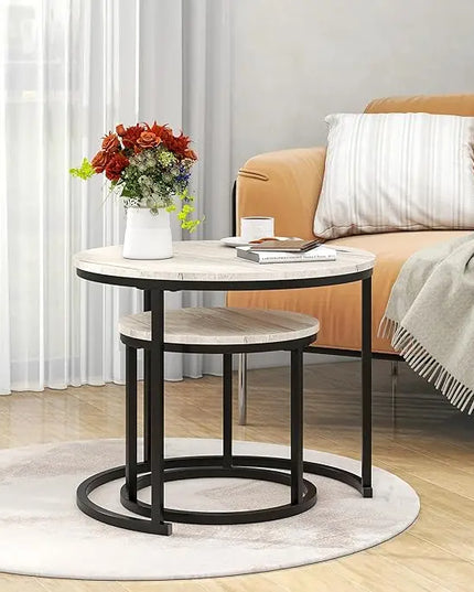 Round Coffee Table Set of 2 for Living Room,Black Small Coffee Table Living Room Table,Nesting Tables Metal Frame/Wood,Sturdy and Easy Assembly,Stacking Side Tables Bedroom,White Oak - LeafyLoom