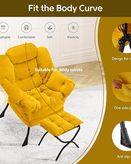 Lazy Chair with Folding Ottoman Modern Large Accent Chair,Contemporary Lounge Leisure Sofa Chair with Armrests Upholstered Sofa Armchair Reading Chair for Bedroom,Dorm & Office,Yellow - LeafyLoom
