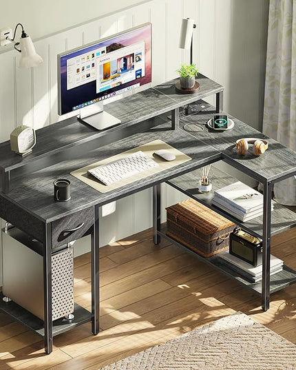 SUPERJARE 47 inch Reversible L Shaped Desk with LED Lights & Power Outlets, Computer Desk with Shelves & Monitor Stand, Gaming Desk with Drawer, Home Office Desk Corner Desk, Grey - LeafyLoom