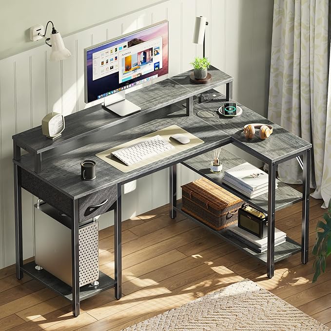 SUPERJARE 47 inch Reversible L Shaped Desk with LED Lights & Power Outlets, Computer Desk with Shelves & Monitor Stand, Gaming Desk with Drawer, Home Office Desk Corner Desk, Grey - LeafyLoom