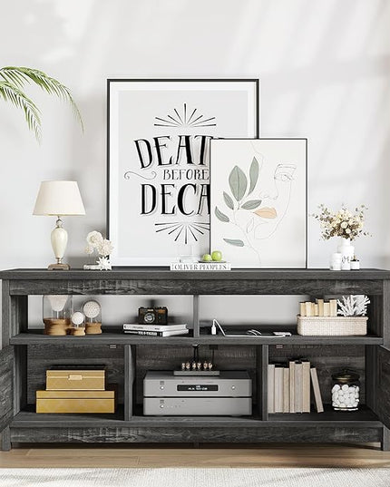 YITAHOME Mid Century Modern TV Stand for 65 inch with Power Outlet, Entertainment Center Table with Storage Cabinets and Open Shelves, Farmhouse TV Media Console for Living Room, Dark Grey - LeafyLoom