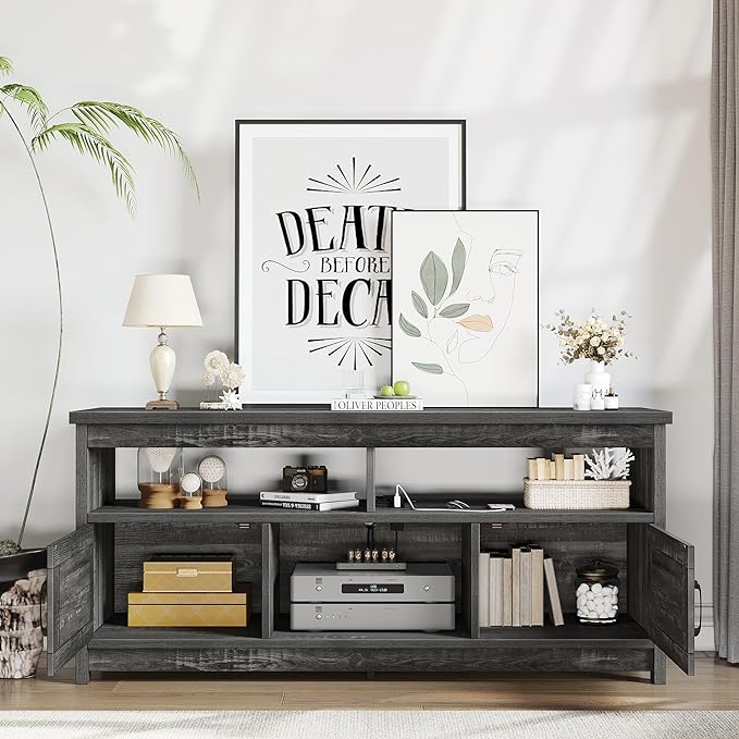 YITAHOME Mid Century Modern TV Stand for 65 inch with Power Outlet, Entertainment Center Table with Storage Cabinets and Open Shelves, Farmhouse TV Media Console for Living Room, Dark Grey - LeafyLoom