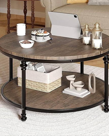 GAOMON Round Coffee Table Rustic Center Table with Storage Shelf 2-Tier Industrial Accent Center Table Wood Circle Coffee Table with Sturdy Metal Legs, Easy Assembly - LeafyLoom