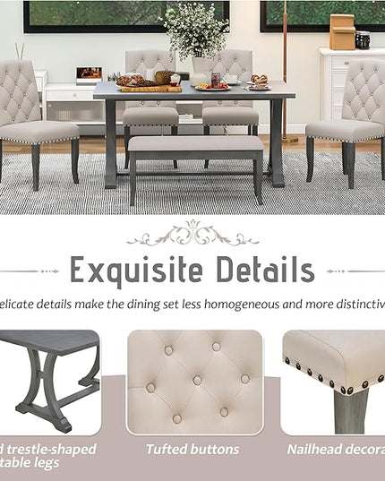 6-Piece Dinette Sets, Rectangular Trestle Dining Table, 4 Upholstered Chairs & Bench, for Diningroom Living Room, Easy to Assemble, Antique Gray - LeafyLoom