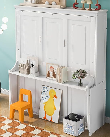 Queen Size Murphy Bed with Shelf, Queen Wall Bed Storage Bed for Guestroom, Office, Space-Saving Design Murphy Bed Frame, No Spring Box Needed, White - LeafyLoom