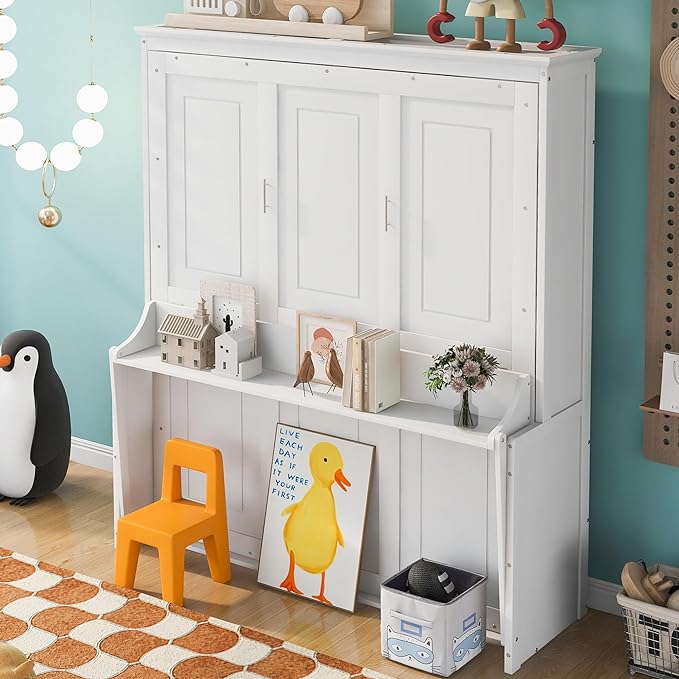 Queen Size Murphy Bed with Shelf, Queen Wall Bed Storage Bed for Guestroom, Office, Space-Saving Design Murphy Bed Frame, No Spring Box Needed, White - LeafyLoom