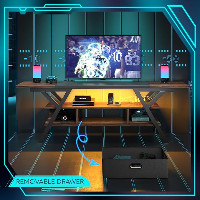 Bestier 70 Inch Gaming Tv Stands for Living Room with Power Outlet for TVs up to 75", Black Entertainment Center with Led Lights for Living Room Bedroom. Walnut - LeafyLoom