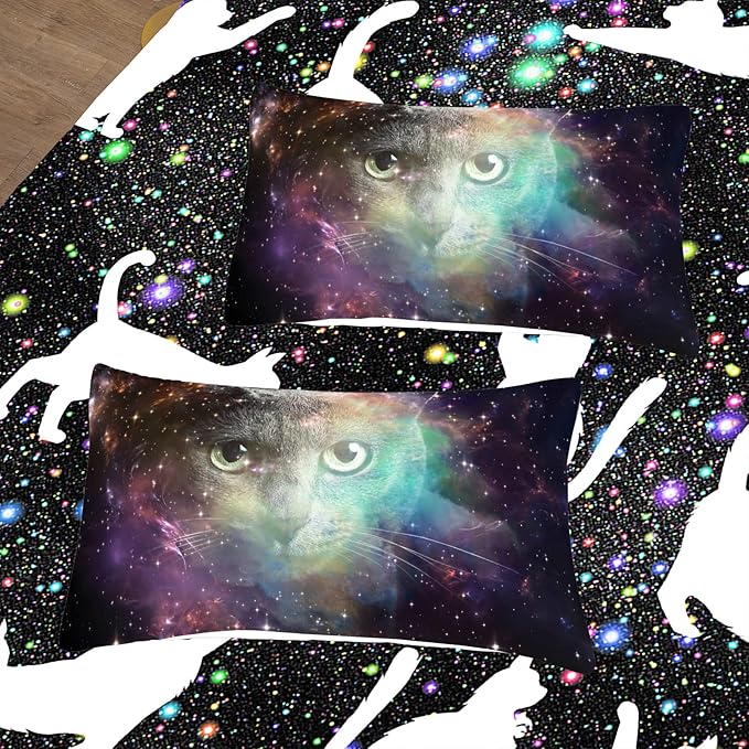 Tailor Shop Cat Comforter Set for Kids Boys Girls Teens Cute Cartoon Cat Galaxy Bedding Sets Black Dreamy Outer Space Full Size with 1 Comforter 2 Pillow Shams - LeafyLoom
