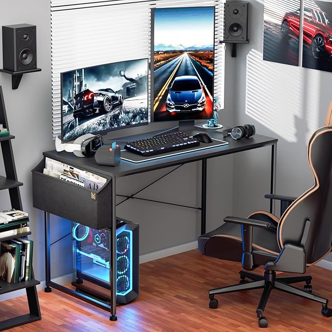 MoNiBloom Computer Desk 47", Simple Style Home Gaming Desk with Storage Bag, Office Writing Workstation- Black - LeafyLoom