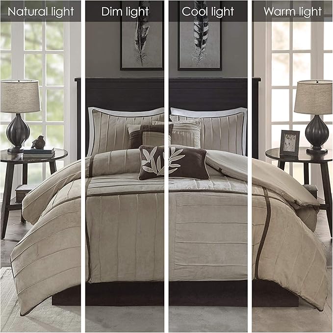 Madison Park Cozy Comforter Set Casual Blocks Design All Season, Matching Bed Skirt, Decorative Pillows, California King (104 in x 92 in), Dune Beige/Brown, 7 Piece - LeafyLoom