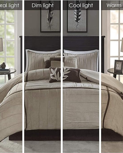 Madison Park Cozy Comforter Set Casual Blocks Design All Season, Matching Bed Skirt, Decorative Pillows, King (104 in x 92 in), Dune Beige/Brown, 7 Piece - LeafyLoom