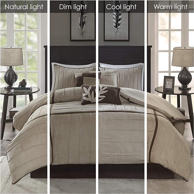 Madison Park Cozy Comforter Set Casual Blocks Design All Season, Matching Bed Skirt, Decorative Pillows, King (104 in x 92 in), Dune Beige/Brown, 7 Piece - LeafyLoom