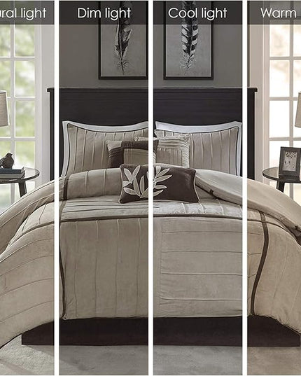 Madison Park Cozy Comforter Set Casual Blocks Design All Season, Matching Bed Skirt, Decorative Pillows, Queen (90 in x 90 in), Dune Beige/Brown, 7 Piece - LeafyLoom