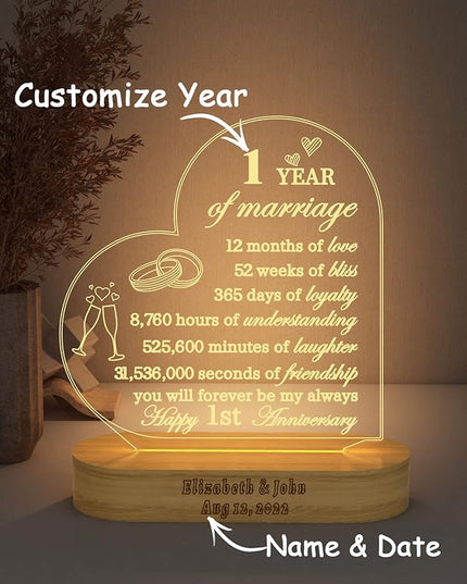 FULLOSUN Happy Anniversary Wedding Gift, Anniversary Wedding Gifts, Wedding Gift for Couple, Warm Night Light for Wife Husband Romantic Valentine's Day (Customized Anniversary) - LeafyLoom