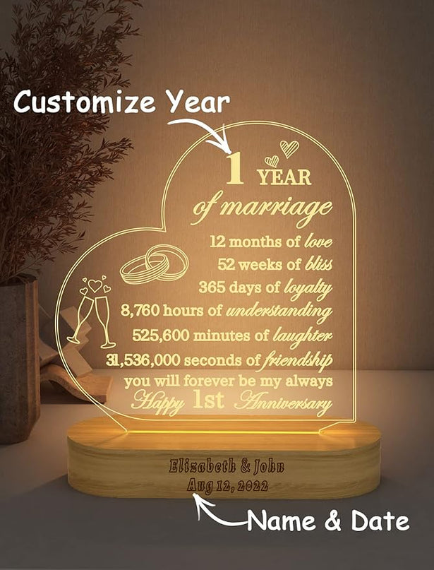 FULLOSUN Happy Anniversary Wedding Gift, Anniversary Wedding Gifts, Wedding Gift for Couple, Warm Night Light for Wife Husband Romantic Valentine's Day (Customized Anniversary) - LeafyLoom