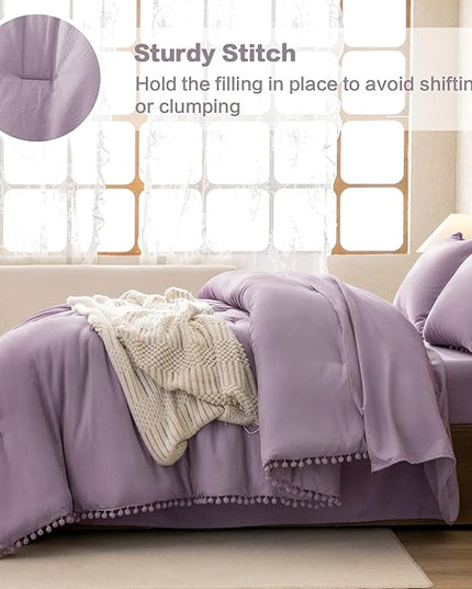 Litanika Queen Size Comforter Set Grey Purple,3 Pieces Grey Purple Boho Pom Pom Lightweight Bed Comforter, All Season Solid Color Bedding Comforter Sets (1 Comforter 90x90 Inch, 2 Pillowcases) - LeafyLoom