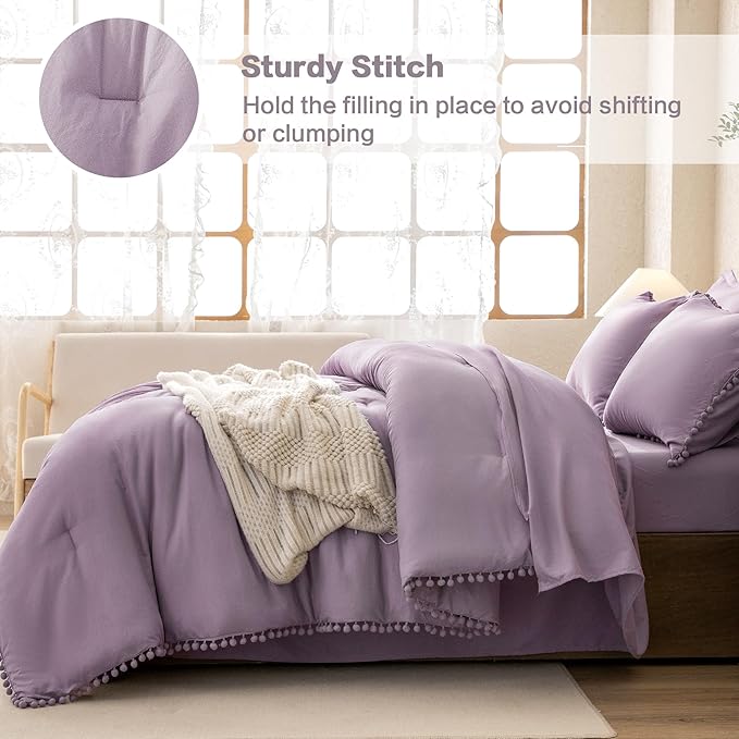 Litanika Queen Size Comforter Set Grey Purple,3 Pieces Grey Purple Boho Pom Pom Lightweight Bed Comforter, All Season Solid Color Bedding Comforter Sets (1 Comforter 90x90 Inch, 2 Pillowcases) - LeafyLoom