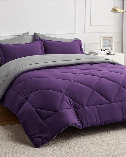 Bedsure Purple Twin Comforter Sets - 5 Pieces Reversible Twin Bedding Sets for College, Purple Extra Long Bed Set Twin with Comforters, Sheets, Pillowcase & Sham - LeafyLoom