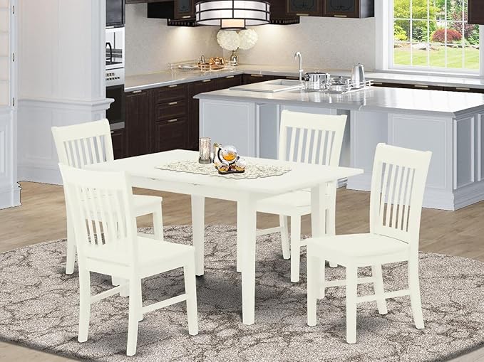 East West Furniture NOFK5-LWH-W 5 Piece Dining Set for 4 Includes a Rectangle Kitchen Table with Butterfly Leaf and 4 Dinette Chairs, 32x54 Inch - LeafyLoom
