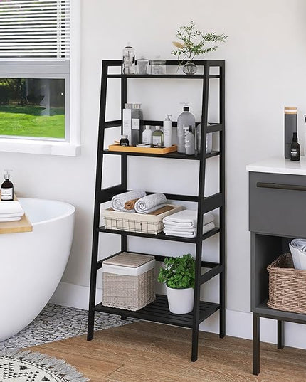 Black Bookshelf, 4-Tier Ladder Shelf, Freestanding Leaning Bookcase with Bamboo Shelves, Space Saving Flower Plant Stand for Small Space - LeafyLoom