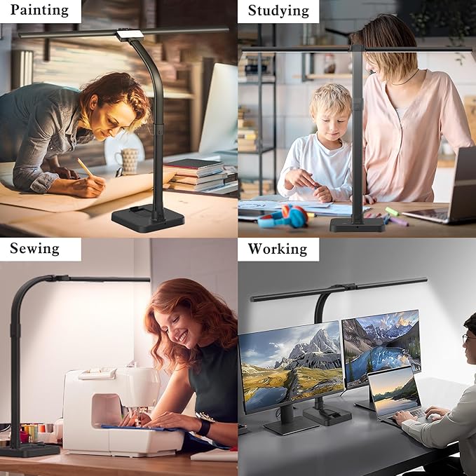 LED Desk Lamp for Home Office, 24W Bright Desk Lamp with Phone Holder Base - 25 Lighting Modes Eye-Caring Desk Light Adjustable Gooseneck Lamp for Workbench Drafting Reading Study - LeafyLoom