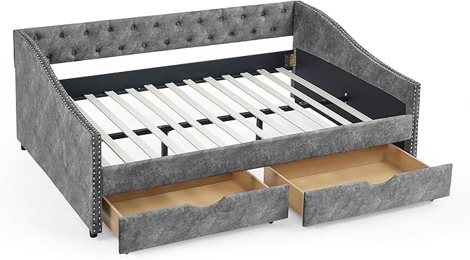 Full Size Daybed with 2 Storage Drawers,Linen Upholstered Sofa Bed W/Button on Back & Copper Nail on Waved Shape Armrests,No Spring Box Need,Wood Bedframe for Living Room Bedroom Dorm,Grey - LeafyLoom