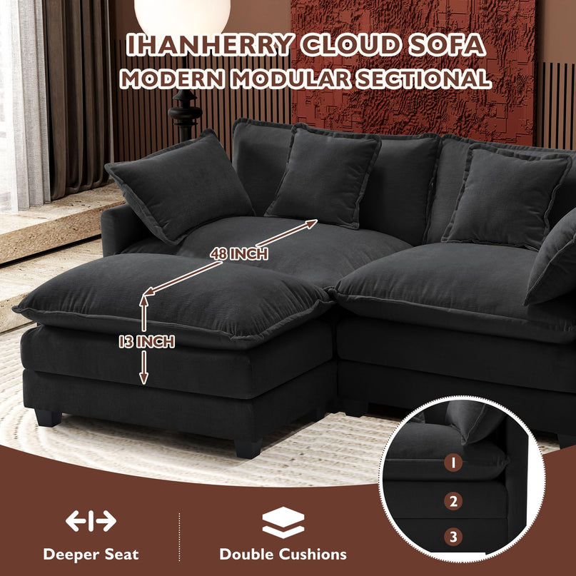 Ihanherry 111.4" L Shaped Modern Sofa Modular Sectional Cloud Couch with Ottoman, 4-Seat Chenille Deep Seat Sofa with Pillow for Living Room, Bedroom and Apartment, Beige LeafyLoom