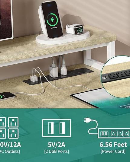 YITAHOME L Shaped Desk with Drawers, 55" Corner Computer Desk with Power Outlets, L-Shaped Desk with LED Lights & File Cabinet for Home Office, White & Oak - LeafyLoom