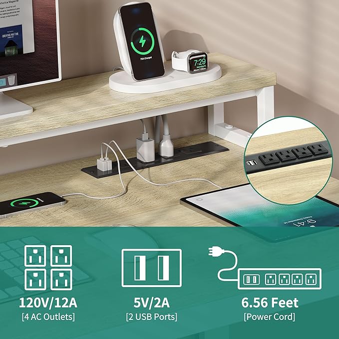YITAHOME L Shaped Desk with Drawers, 55" Corner Computer Desk with Power Outlets, L-Shaped Desk with LED Lights & File Cabinet for Home Office, White & Oak - LeafyLoom