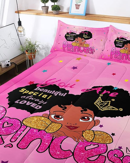 Kids Twin Bedding Set for Girls, Princess Comforter Set Twin, Black Girl Bed Set, Pink Teens Kids Daybed Quilt Set with 1 Comforter and 2 Pillow Cases - LeafyLoom
