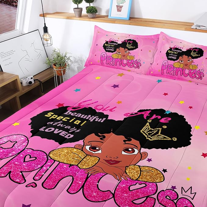 Kids Twin Bedding Set for Girls, Princess Comforter Set Twin, Black Girl Bed Set, Pink Teens Kids Daybed Quilt Set with 1 Comforter and 2 Pillow Cases - LeafyLoom